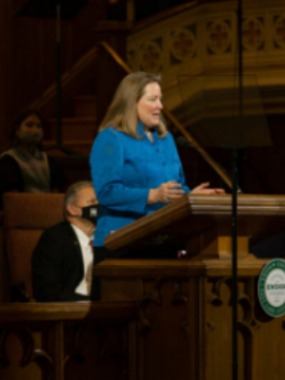 Sister Christine Perkins, wife of Elder Anthony D. Perkins, General Authority Seventy, speaks to students of Ensign College in the Assembly Hall on Temple Square on Tuesday, February 8, 2022. Photo courtesy of Ensign College, courtesy of Church News.