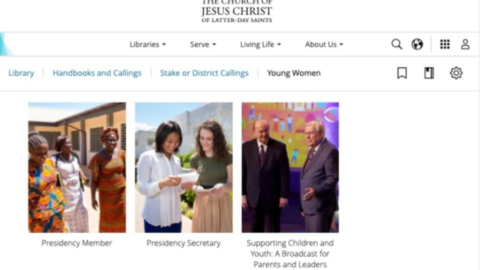 Find the Young Women calling guide for stake leaders under the Handbooks and Callings section of Gospel Library. Image is a screenshot from ChurchofJesusChrist.org.